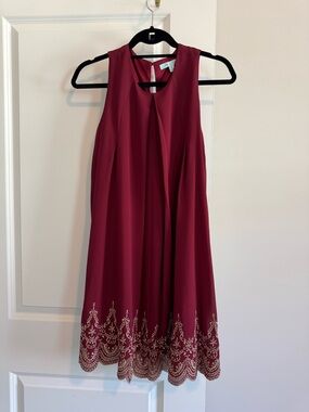 She + Sky Wine Red Dress with Embroidered Scalloped Hem